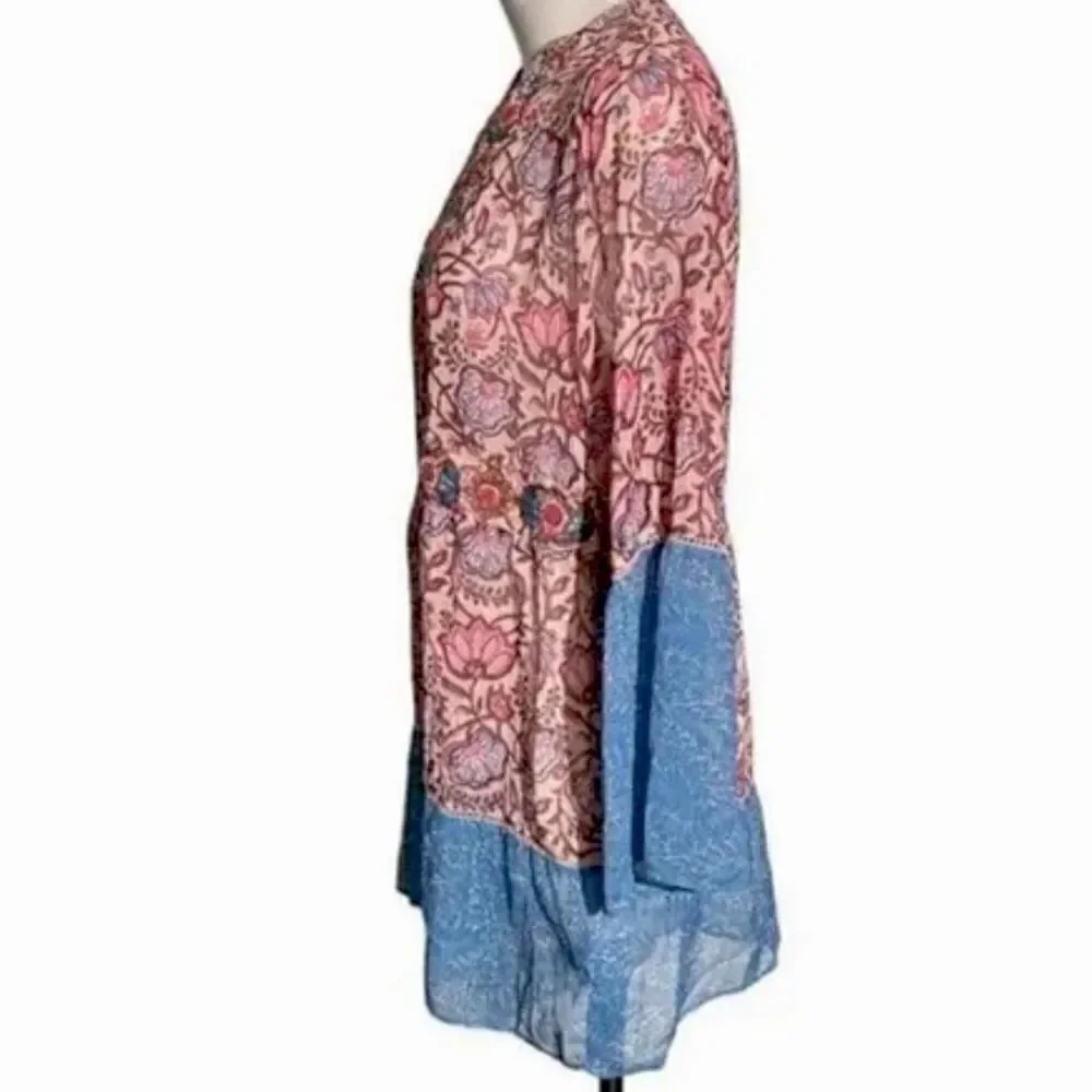 Soft Surroundings Pergola Blue Pink Floral Embroidered Sparkle Peasant Blouse